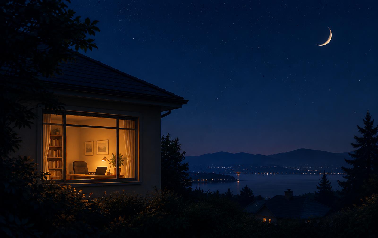 A home office glowing under a calm night sky
